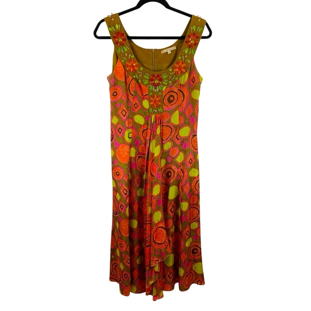 Vintage Nanette Lepore 6 Boho Abstract Silk Maxi Dress Beaded Empire Waist Y2K